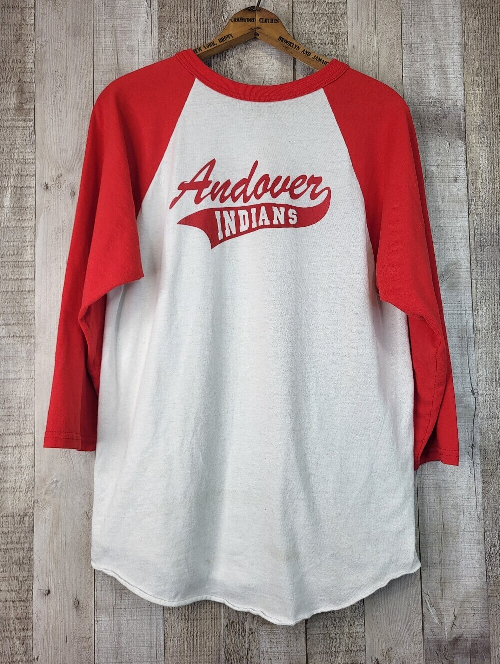 Andover Indians White and Red Raglan Long Sleeve Baseball Tee. Medium.